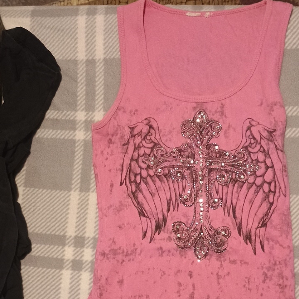 Pink Tank Top with Winged Cross Design